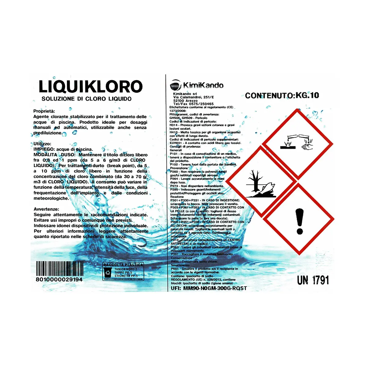 Liquikloro 10 kg Cloro Liquido Concentrato - Sol. Ipoclorito di Sodio 14/15% Liquikloro 10 kg Cloro Liquido Concentrato - Sol. Ipoclorito di Sodio 14/15%