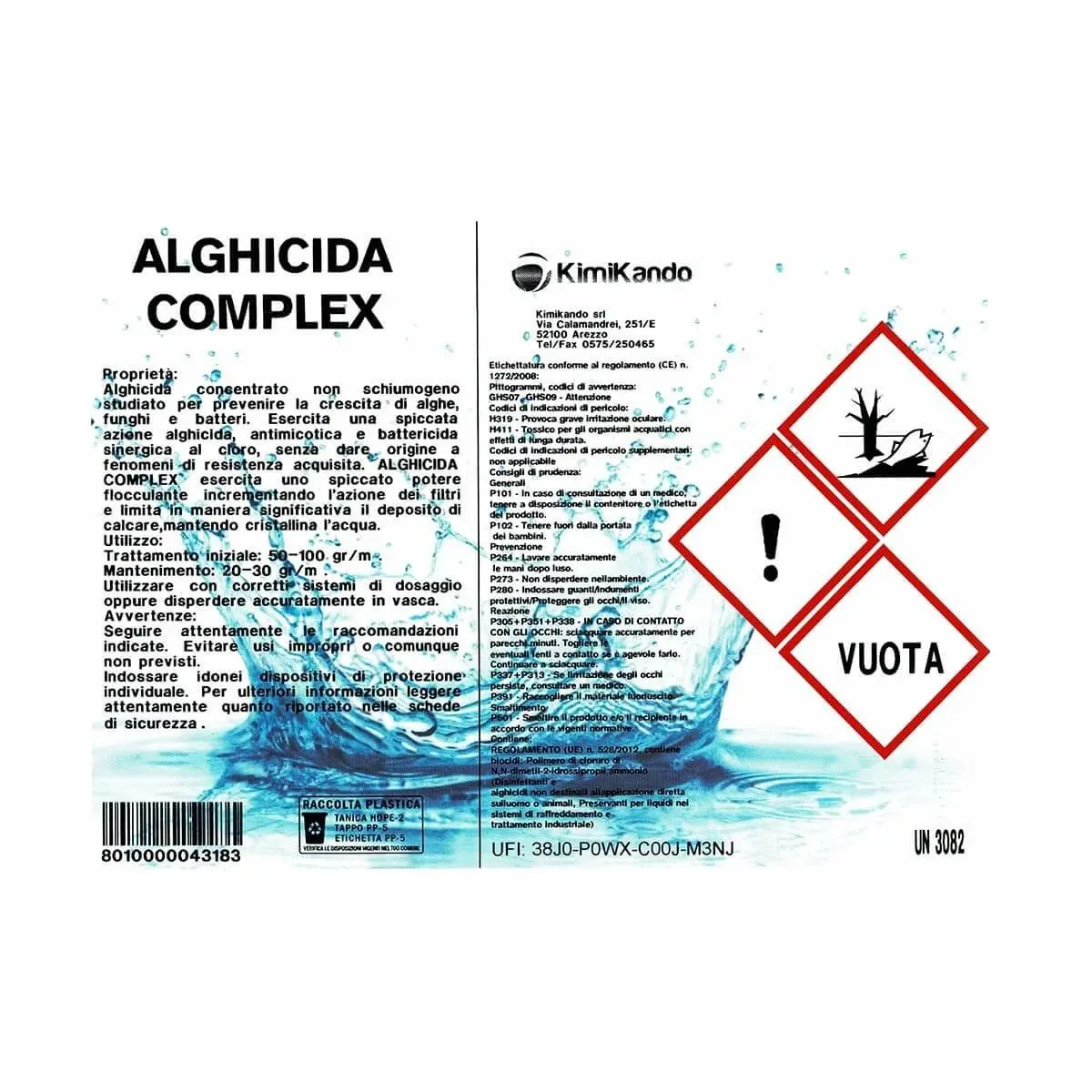 Alghicida Complex 2 Etichetta prodotto Alghicida Complex Kimikando, con pittogrammi di pericolo CLP
