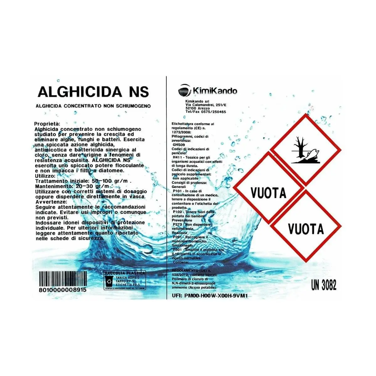 Etichetta prodotto Alghicida NS Kimikando, concentrato non schiumogeno per piscina, con pittogramma di pericolo ambientale