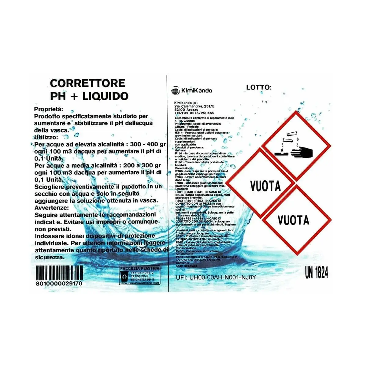 Etichetta correttore pH+ liquido