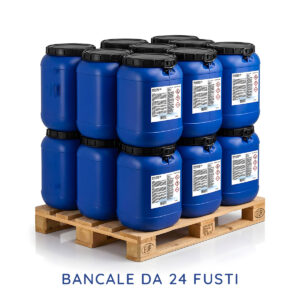 Bancale con 24 fusti blu da 25 kg di Dicloro 56 granulare per piscine, disposti su due livelli