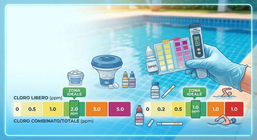 Infografica sulla gestione del cloro in piscina: scala cromatica dei valori di cloro libero (zona ideale 2,0 ppm) e cloro combinato/totale (zona ideale 1,0 ppm), con illustrazione di prodotti per il test come reagenti DPD1 e DPD3, tester digitale e galleggiante dosatore.