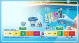 Gestire il pH dell’acqua in piscina 5 Infografica sulla gestione del cloro in piscina: scala cromatica dei valori di cloro libero (zona ideale 2,0 ppm) e cloro combinato/totale (zona ideale 1,0 ppm), con illustrazione di prodotti per il test come reagenti DPD1 e DPD3, tester digitale e galleggiante dosatore.
