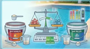 Manutenzione di routine della piscina durante la stagione: cosa mettere, quando e quanto 4 Infografica sul pH dell'acqua in piscina: bilancia in equilibrio tra ioni H⁺ e OH⁻, con scala del pH che indica la zona ideale tra 7,2 e 7,6. A sinistra il prodotto pH Minus (abbassante), a destra il pH Plus (alzante), con misurini e tester colorimetrico e digitale.