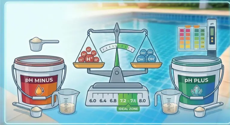 Infografica sul pH dell'acqua in piscina: bilancia in equilibrio tra ioni H⁺ e OH⁻, con scala del pH che indica la zona ideale tra 7,2 e 7,6. A sinistra il prodotto pH Minus (abbassante), a destra il pH Plus (alzante), con misurini e tester colorimetrico e digitale.