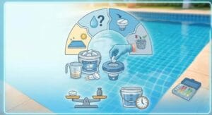 Gestire il pH dell’acqua in piscina 2 Infografica sulla manutenzione di routine della piscina: diagramma circolare con le fasi principali (controllo dell'acqua, ricarica del cloro, pulizia del cestello del filtro, copertura solare), secchio di pastiglie multiazione, dosatore galleggiante, bilancia per il dosaggio, tanica con timer e kit di test del pH.
