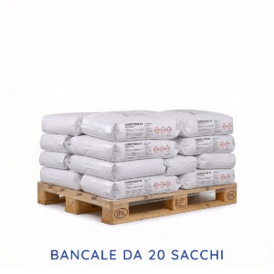 Bancale con 20 sacchi da 25 kg di Correttore pH- Granulare KimiKando per piscine, impilati su pallet