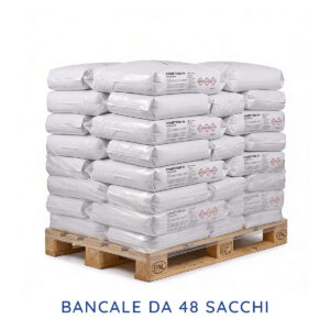 Bancale con 48 sacchi da 25 kg di Correttore pH- Granulare KimiKando per piscine, avvolti in film protettivo su pallet