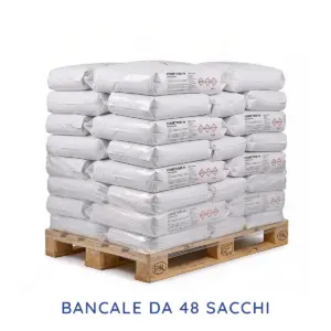 Bancale con 48 sacchi da 25 kg di Correttore pH- Granulare KimiKando per piscine, avvolti in film protettivo su pallet