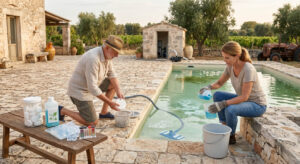 Coppia al lavoro per risanare una piscina rurale in pietra con acqua torbida e verdastra: l'uomo pulisce il cestello del filtro mentre la donna versa un prodotto chiarificante in un secchio. Sul tavolo sono visibili pastiglie di cloro, un alghicida, strisce reattive e sacchetti di flocculante.