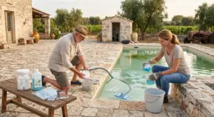 Alghe in piscina: prevenzione e trattamenti con antialghe 3 Coppia al lavoro per risanare una piscina rurale in pietra con acqua torbida e verdastra: l'uomo pulisce il cestello del filtro mentre la donna versa un prodotto chiarificante in un secchio. Sul tavolo sono visibili pastiglie di cloro, un alghicida, strisce reattive e sacchetti di flocculante.