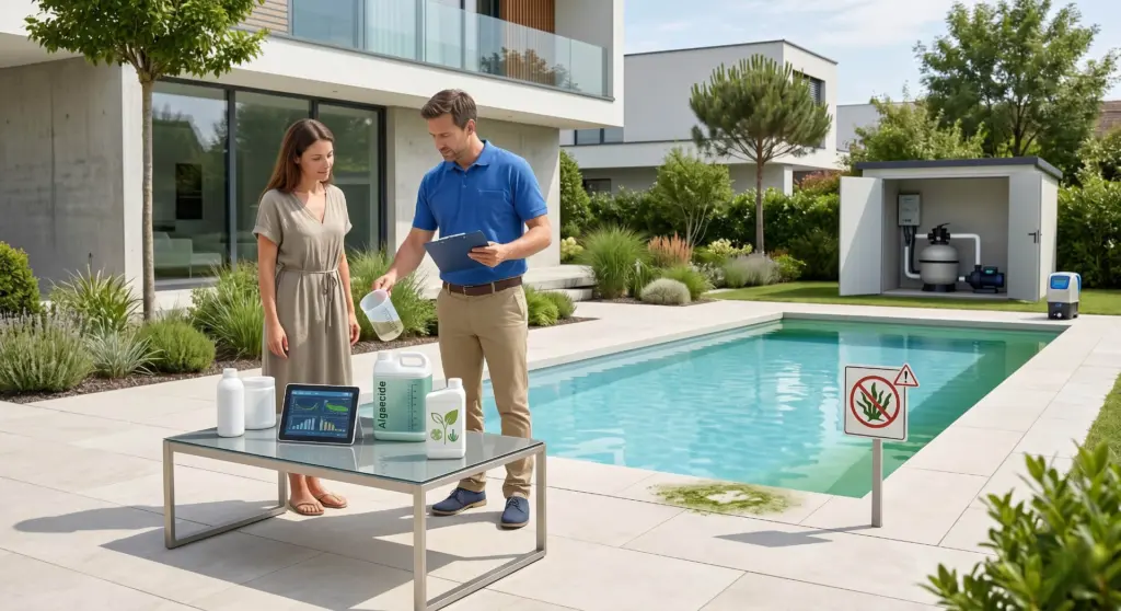 Tecnico e proprietaria di casa esaminano un tablet con dati di monitoraggio dell'acqua accanto a una piscina residenziale moderna. Sul tavolo sono presenti prodotti tra cui un alghicida, mentre vicino alla piscina è posizionato un cartello di divieto con simbolo di alghe, a indicare un trattamento preventivo in corso.