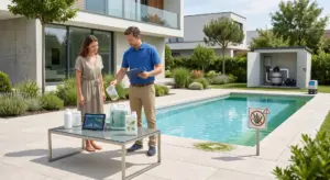 Alghe in piscina: prevenzione e trattamenti con antialghe 2 Tecnico e proprietaria di casa esaminano un tablet con dati di monitoraggio dell'acqua accanto a una piscina residenziale moderna. Sul tavolo sono presenti prodotti tra cui un alghicida, mentre vicino alla piscina è posizionato un cartello di divieto con simbolo di alghe, a indicare un trattamento preventivo in corso.