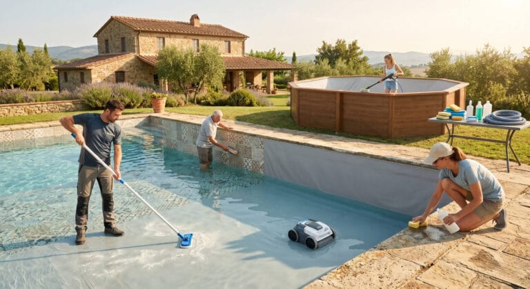 Kimikando 6 Tre persone eseguono la pulizia completa di una piscina interrata in un casolare toscano: un uomo spazzola il fondo con un manico telescopico, un secondo pulisce le piastrelle delle pareti, una donna deterge il bordo esterno con spugna e prodotto specifico. Sullo sfondo, una ragazza pulisce una piscina fuori terra in legno. Su un tavolo sono disposti spugne, detergenti e tubi flessibili.