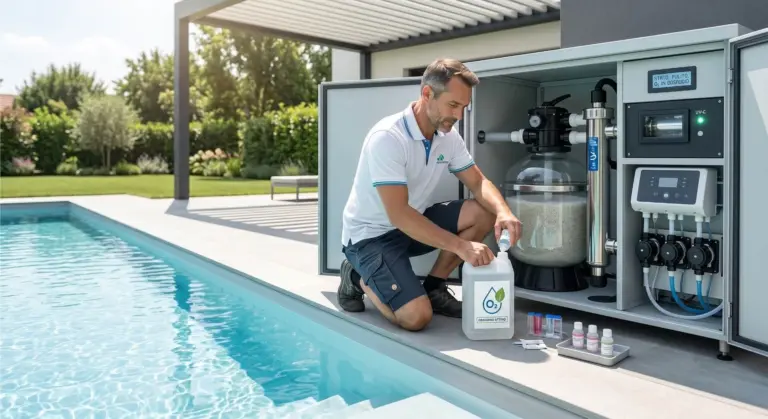 Kimikando 6 Un tecnico inginocchiato accanto a un sistema di filtraggio per piscina aggiunge ossigeno attivo liquido, con visibili componenti UV-C, filtro a sabbia e kit di test dell'acqua.
