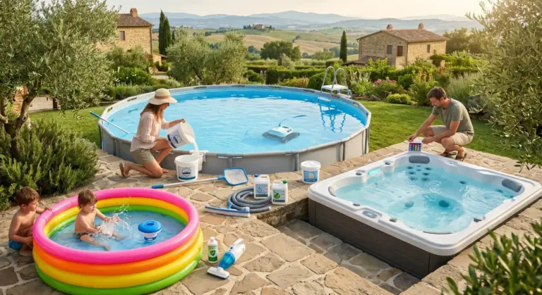 Una famiglia gestisce una piscina fuori terra circolare in un giardino toscano: la madre aggiunge prodotti chimici, il padre esegue test dell'acqua, mentre due bambini giocano in una piccola piscina gonfiabile colorata; accanto è visibile una vasca idromassaggio.