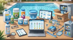 Illustrazione che mostra una guida all'acquisto di prodotti chimici e accessori per piscina, disposti su una superficie in legno davanti a una piscina blu. Al centro, un laptop e due tablet visualizzano siti di e-commerce con confronti di prodotti, valutazioni a stelle e prezzi. A sinistra, flaconi e contenitori etichettati con cloro, algaecida, correttori di pH e chiarificante/flocculante, accompagnati da occhiali e una lente d'ingrandimento che richiamano la lettura delle etichette. Al centro-retro, un secchio per il trattamento invernale con la scritta "Winterizing". A destra, un robot pulitore, una spazzola e un retino su asta, un kit completo in scatola con accessori, e un armadietto chiuso a chiave per la conservazione sicura dei prodotti chimici.