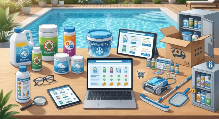 Kimikando 6 Illustrazione che mostra una guida all'acquisto di prodotti chimici e accessori per piscina, disposti su una superficie in legno davanti a una piscina blu. Al centro, un laptop e due tablet visualizzano siti di e-commerce con confronti di prodotti, valutazioni a stelle e prezzi. A sinistra, flaconi e contenitori etichettati con cloro, algaecida, correttori di pH e chiarificante/flocculante, accompagnati da occhiali e una lente d'ingrandimento che richiamano la lettura delle etichette. Al centro-retro, un secchio per il trattamento invernale con la scritta "Winterizing". A destra, un robot pulitore, una spazzola e un retino su asta, un kit completo in scatola con accessori, e un armadietto chiuso a chiave per la conservazione sicura dei prodotti chimici.
