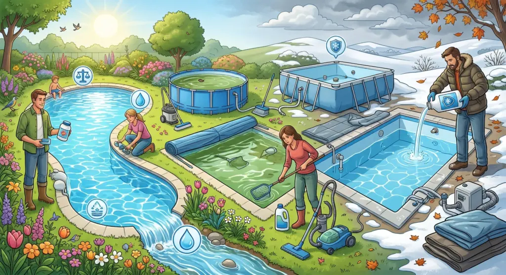 Illustrazione che mostra la manutenzione stagionale di piscine interrate e fuori terra in due scenari contrapposti: a sinistra, in un giardino primaverile fiorito, un uomo aggiunge prodotti chimici a una piscina interrata pulita mentre una donna arrotola una copertura invernale, con icone che simboleggiano equilibrio del pH e trattamento dell'acqua; al centro, piscine in fase di riapertura con acqua verdastra da trattare e una donna che usa un retino e un aspiratore; a destra, in un paesaggio invernale con neve e foglie autunnali, un uomo versa un prodotto antigelo in una piscina fuori terra con struttura metallica, con la copertura invernale ripiegata a terra.