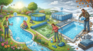 Trattamento invernale e cambio stagione: svernante, chiusura e riapertura della piscina 2 Illustrazione che mostra la manutenzione stagionale di piscine interrate e fuori terra in due scenari contrapposti: a sinistra, in un giardino primaverile fiorito, un uomo aggiunge prodotti chimici a una piscina interrata pulita mentre una donna arrotola una copertura invernale, con icone che simboleggiano equilibrio del pH e trattamento dell'acqua; al centro, piscine in fase di riapertura con acqua verdastra da trattare e una donna che usa un retino e un aspiratore; a destra, in un paesaggio invernale con neve e foglie autunnali, un uomo versa un prodotto antigelo in una piscina fuori terra con struttura metallica, con la copertura invernale ripiegata a terra.