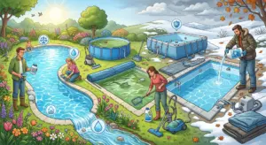 Illustrazione che mostra la manutenzione stagionale di piscine interrate e fuori terra in due scenari contrapposti: a sinistra, in un giardino primaverile fiorito, un uomo aggiunge prodotti chimici a una piscina interrata pulita mentre una donna arrotola una copertura invernale, con icone che simboleggiano equilibrio del pH e trattamento dell'acqua; al centro, piscine in fase di riapertura con acqua verdastra da trattare e una donna che usa un retino e un aspiratore; a destra, in un paesaggio invernale con neve e foglie autunnali, un uomo versa un prodotto antigelo in una piscina fuori terra con struttura metallica, con la copertura invernale ripiegata a terra.