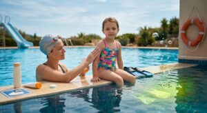 Cloro e salute in piscina: allergie, irritazioni, pelle, capelli e bambini 2 Una madre in piscina applica la crema solare sulla spalla di una bambina seduta a bordo vasca, con un salvagente arancione, pinne e prodotti solari visibili nei dintorni.