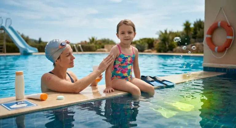 Kimikando 6 Una madre in piscina applica la crema solare sulla spalla di una bambina seduta a bordo vasca, con un salvagente arancione, pinne e prodotti solari visibili nei dintorni.