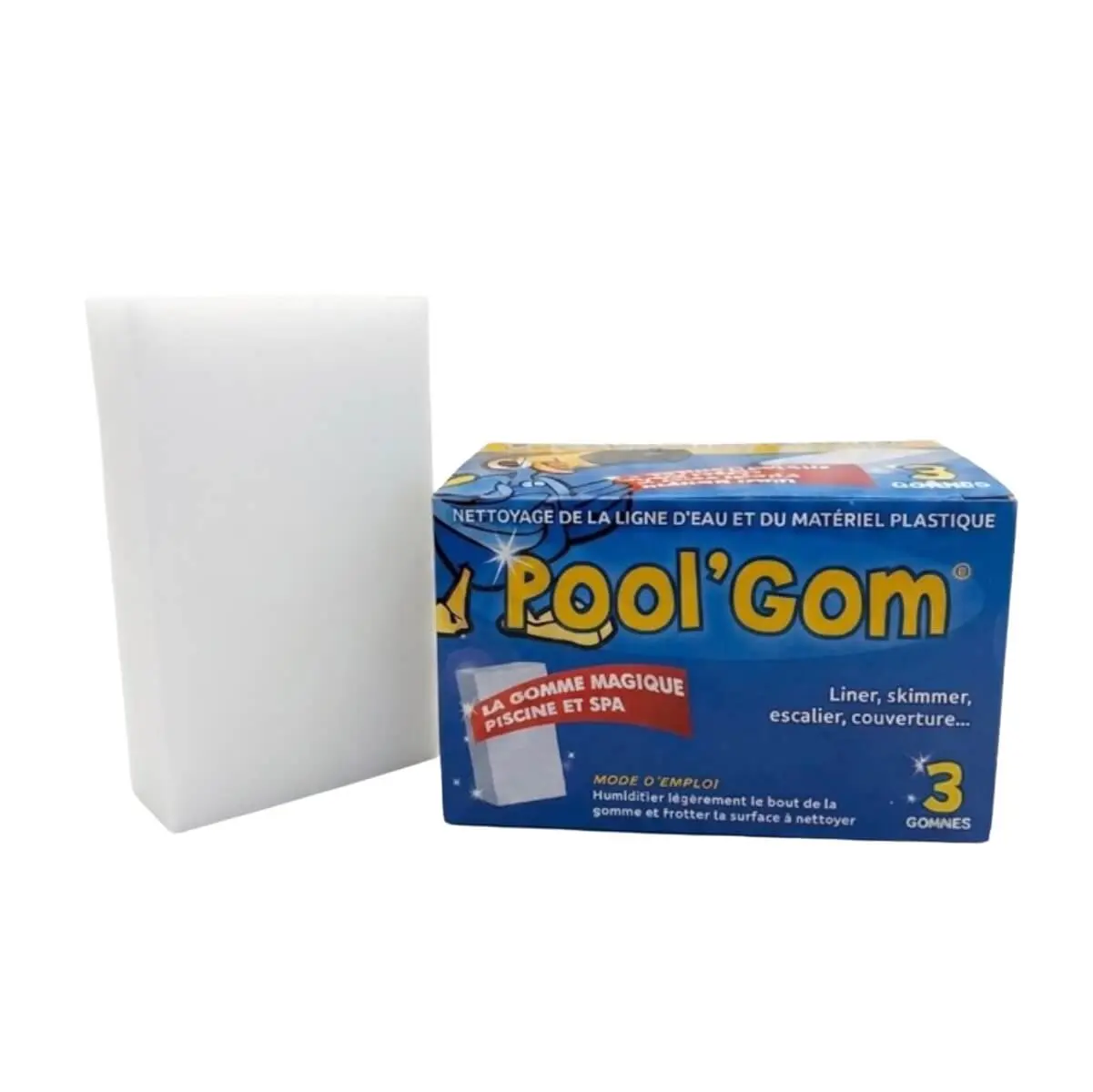 Confezione di spugne Pool'Gom per la pulizia della linea d'acqua di piscine, con una spugna bianca magica appoggiata accanto alla scatola blu che indica 3 gomme incluse.